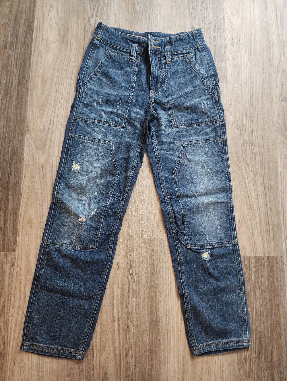 Pilcro Distressed Dark Blue Straight-Leg Jeans